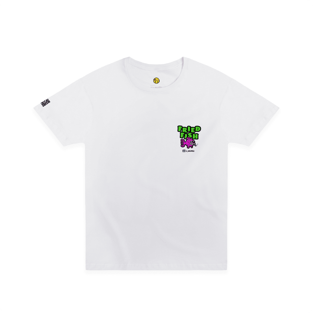 White front view of a unisex tee with a neon green bong graphic featuring a pink fish inside and bold text reading “FRIED FISH” on the front, on a white background.