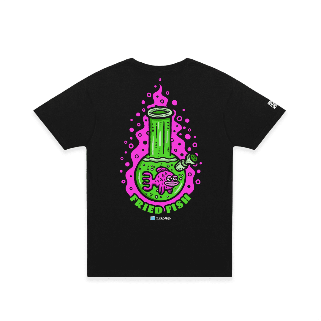 Black rear view of a unisex tee with a neon green bong graphic featuring a pink fish inside, surrounded by bright pink bubbles and bold text reading “FRIED FISH” on the front, on a white background.