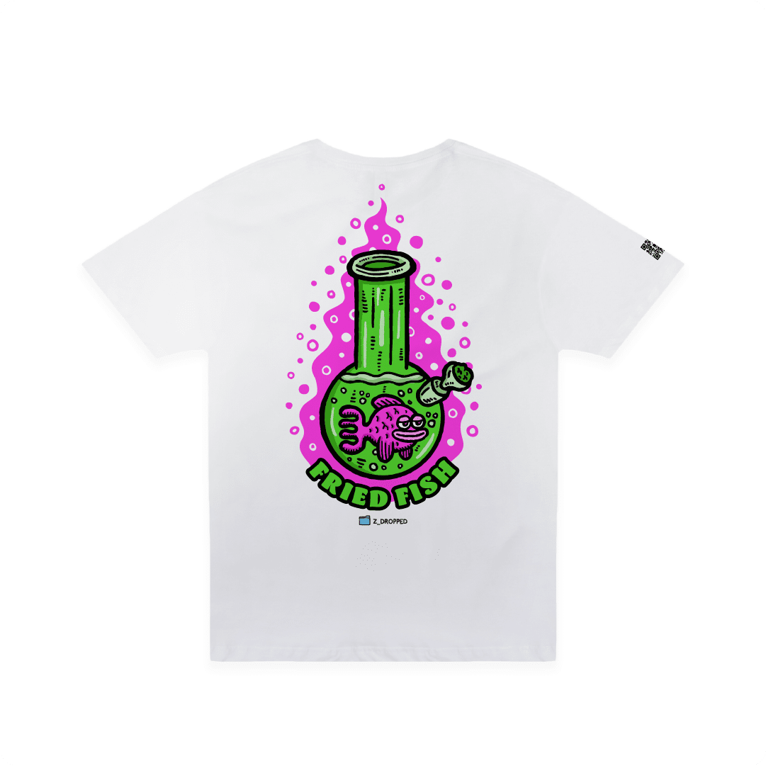White rear view of a unisex tee with a neon green bong graphic featuring a pink fish inside, surrounded by bright pink bubbles and bold text reading “FRIED FISH” on the front, on a white background.