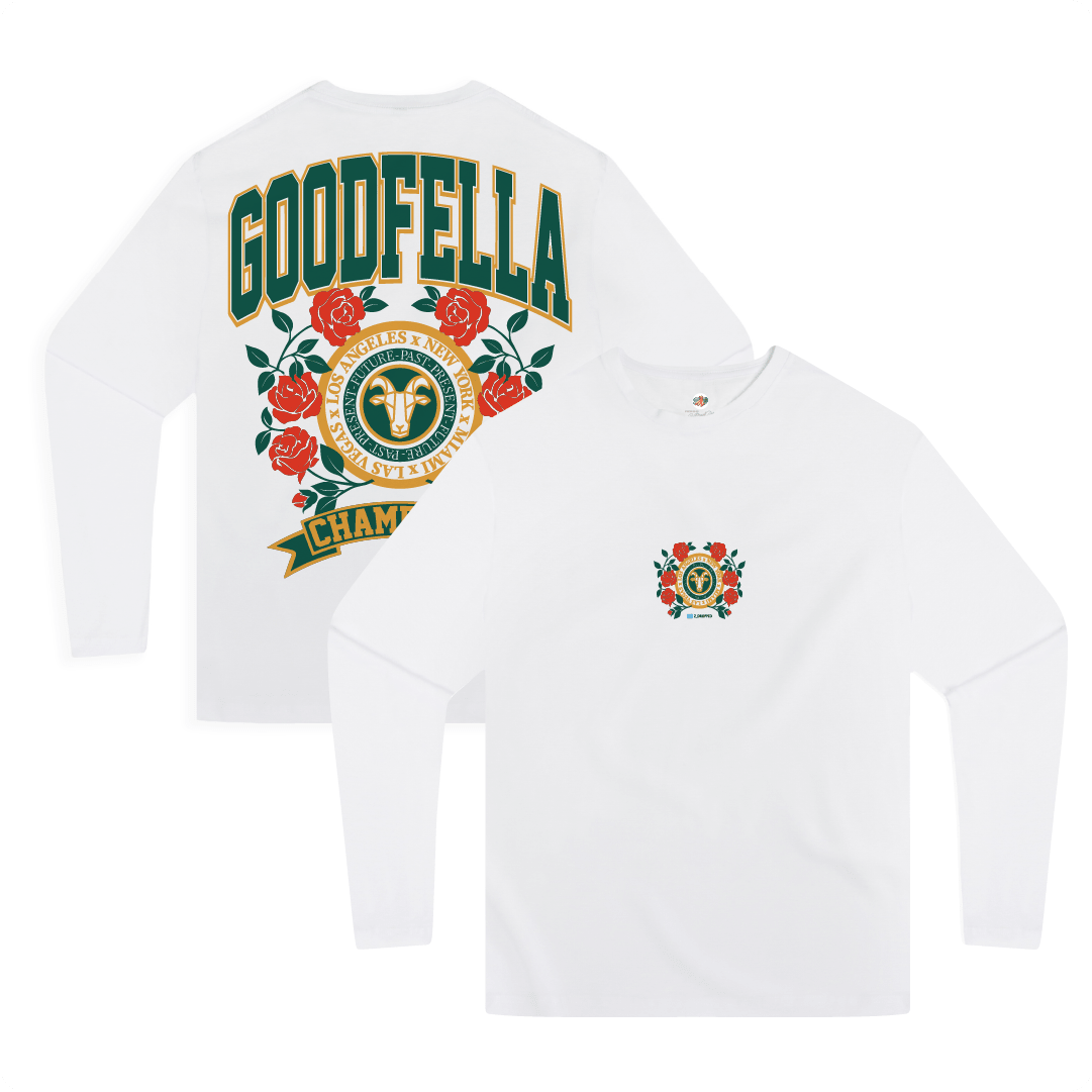 Front and rear view of a white long sleeve shirt with a green and gold 'GOODFELLA CHAMPIONS' text roses and a G.O.A.T.