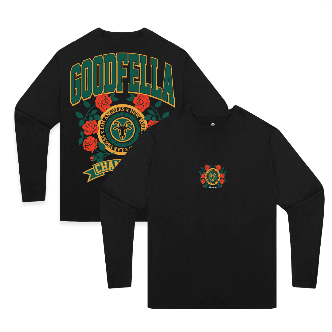 Front and rear view of a unisex black long sleeve shirt with a green and gold 'GOODFELLA CHAMPIONS' text roses and a G.O.A.T.