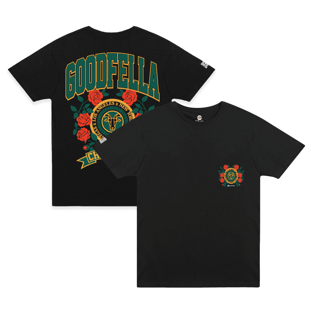 Front and Rear view of a black unisex short sleeved Goodfella shirt with a green and gold G.O.A.T. and roses.