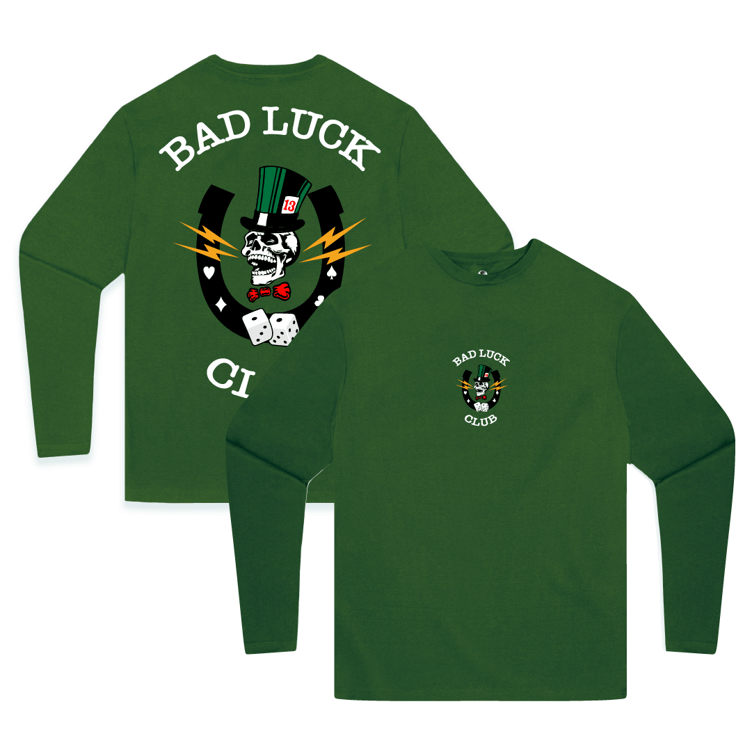 Front and rear view of a green unisex long sleeve shirt with white 'BAD LUCK CLUB' text and a graphic including a skull, dice, and lightning bolts on a white background.