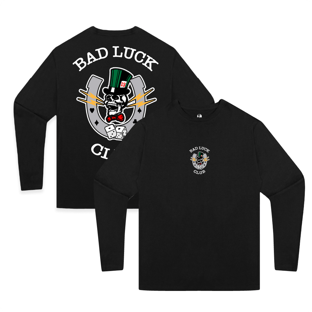 Front and rear view of a black unisex long sleeve shirt with white 'BAD LUCK CLUB' text and a graphic including a skull, dice, and lightning bolts on a white background.