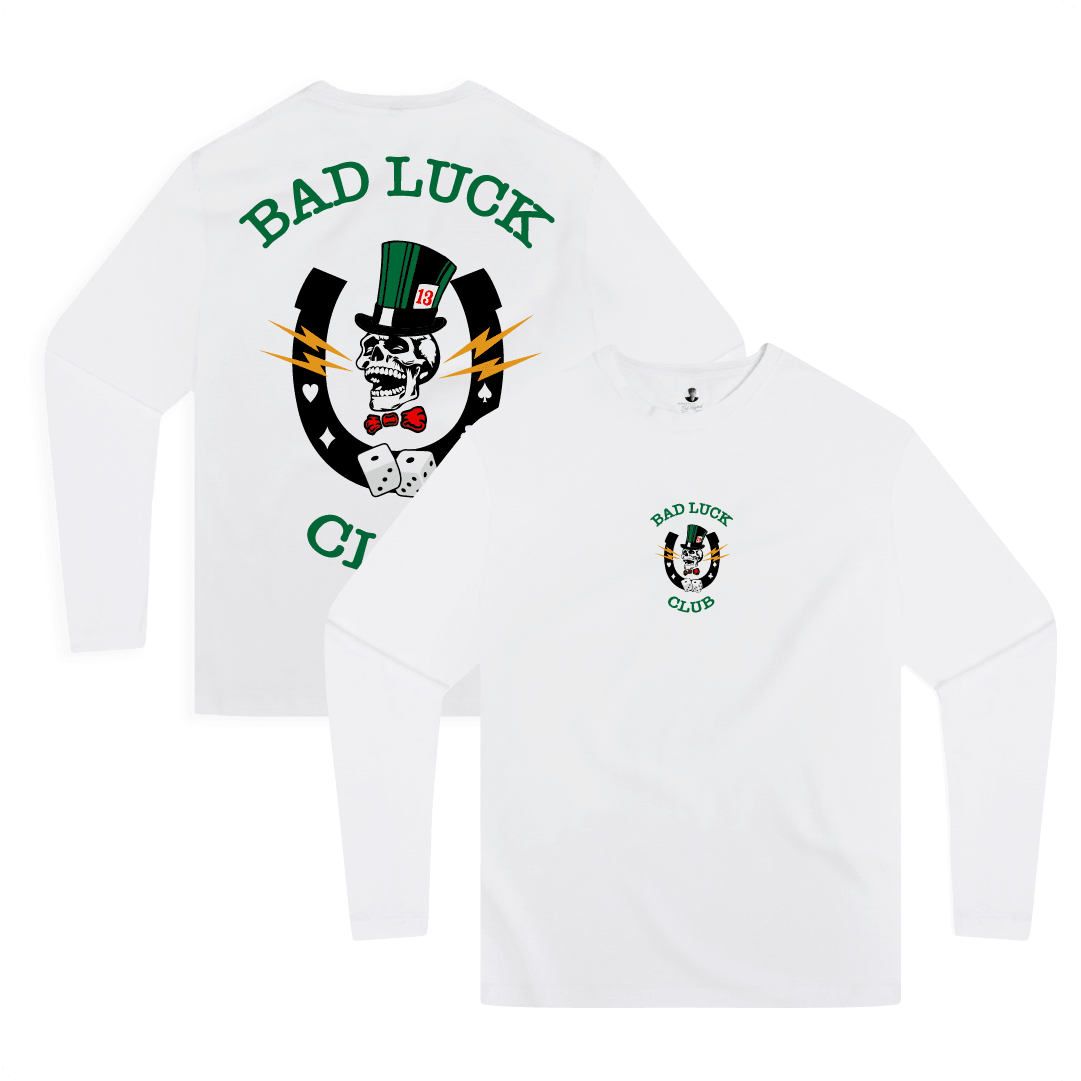 Front and rear view of a white unisex long sleeve shirt with green 'BAD LUCK CLUB' text and a graphic including a skull, dice, and lightning bolts on a white background.