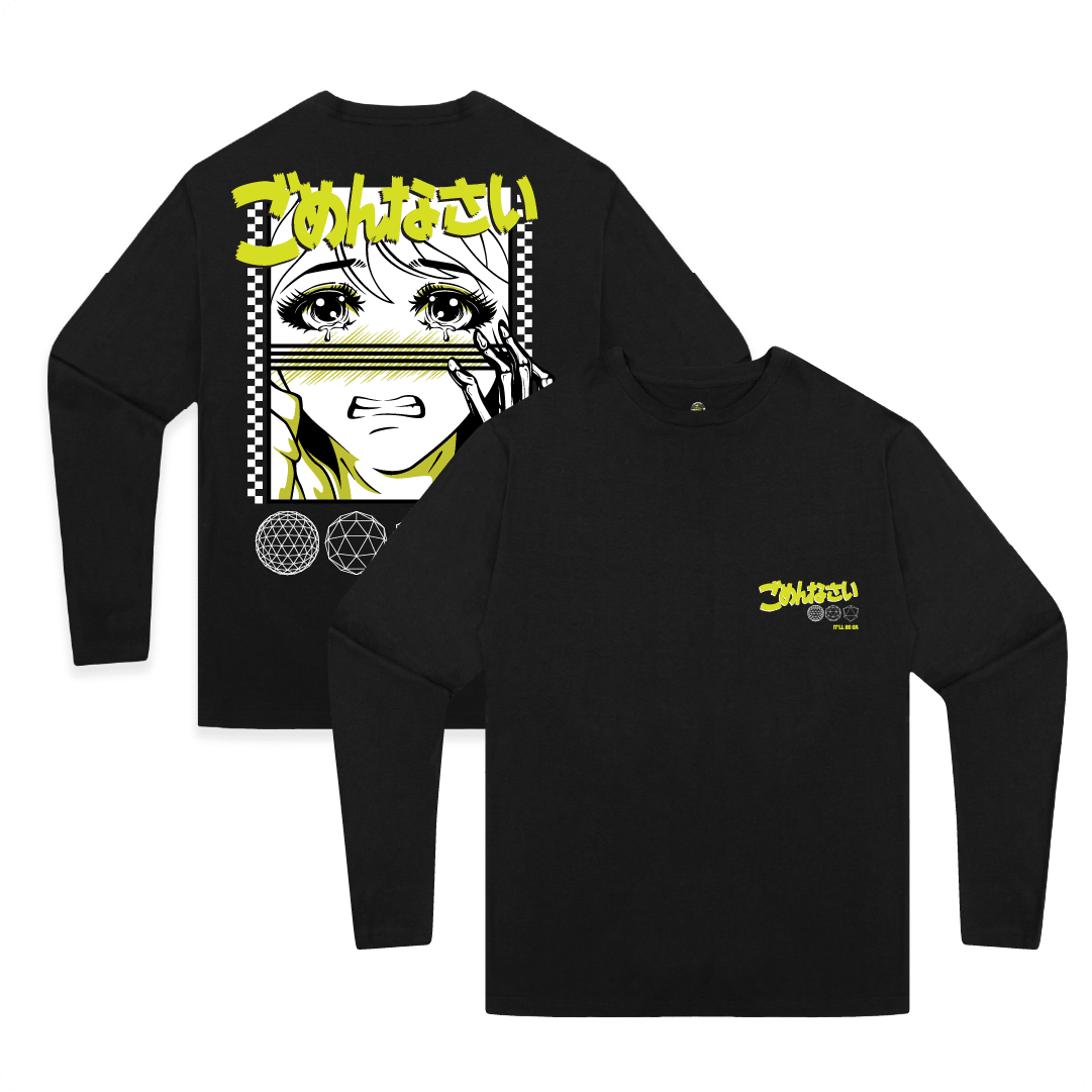 Front and rear view of a anime inspired black long sleeve shirt with neon yellow kanji on the rear and chest.