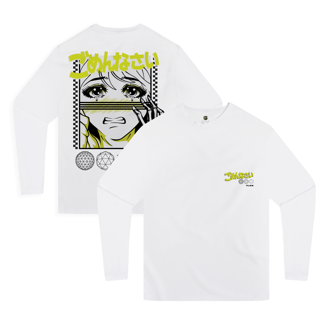 Front and rear view of a anime inspired white long sleeve shirt with neon yellow kanji on the rear and chest.