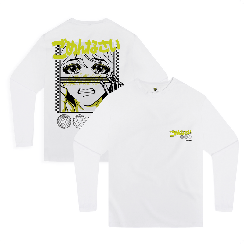 Front and rear view of a anime inspired white long sleeve shirt with neon yellow kanji on the rear and chest.