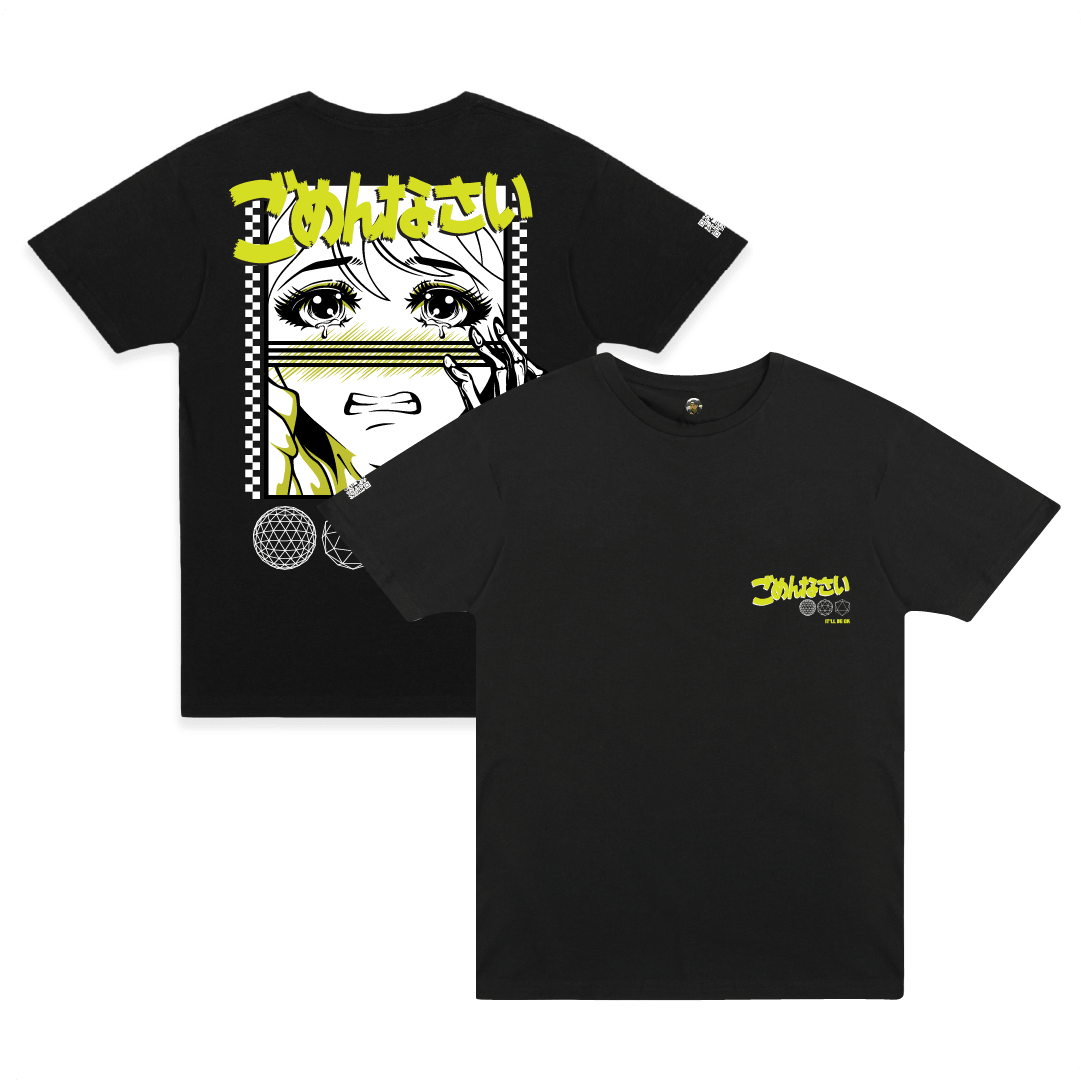 Front and rear view of a unisex black t-shirt with anime-style graphic and gomenasai kanji text in safety yellow.