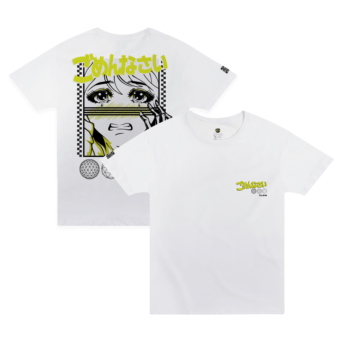 Front and rear view of a unisex white t-shirt with anime-style graphic and gomenasai kanji text in safety yellow.