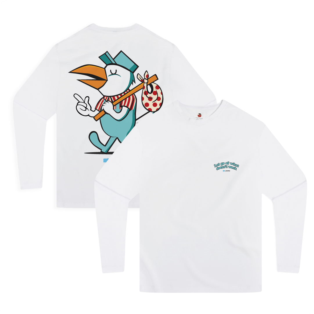 Front and rear view of a unisex white long sleeve shirt with a large cartoon pelican bird and 'Let go of what doesn't work' text on the front chest pocket.