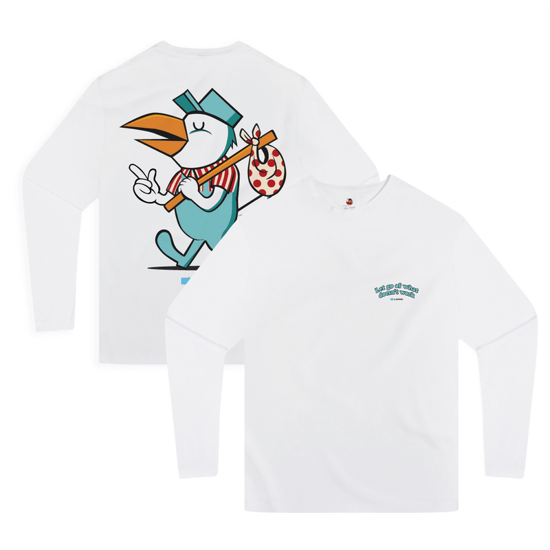 Front and rear view of a unisex white long sleeve shirt with a large cartoon pelican bird and 'Let go of what doesn't work' text on the front chest pocket.
