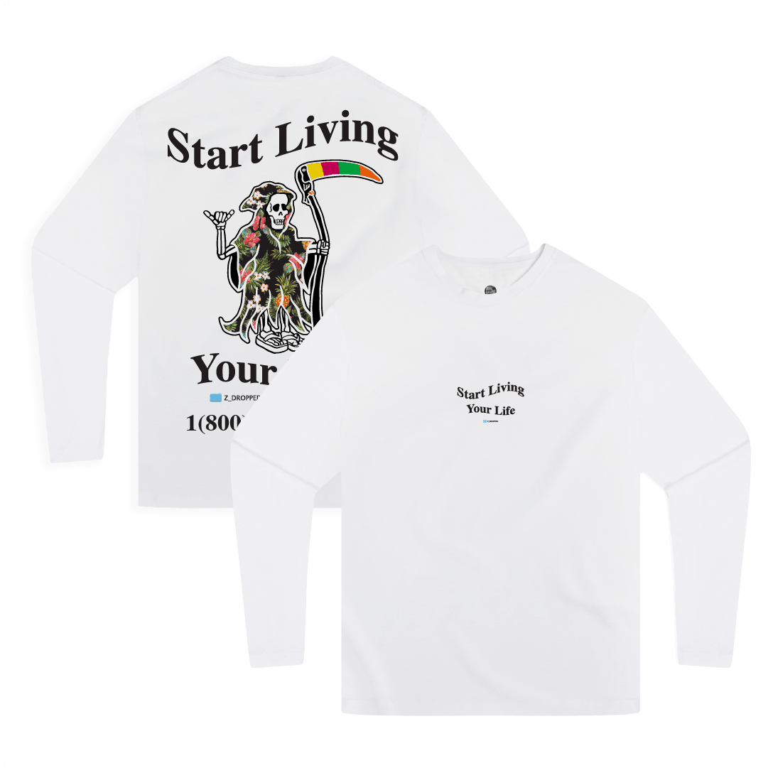 Front and rear view of a white unisex long-sleeve shirt with a grim reaper graphic with Hawaiian print and black 'start living your life' text on a white background.