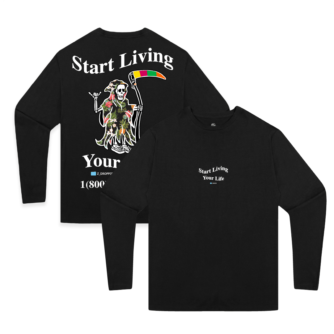Front and rear view of a black unisex long-sleeve shirt with a grim reaper graphic with Hawaiian print and white 'start living your life' text on a white background.