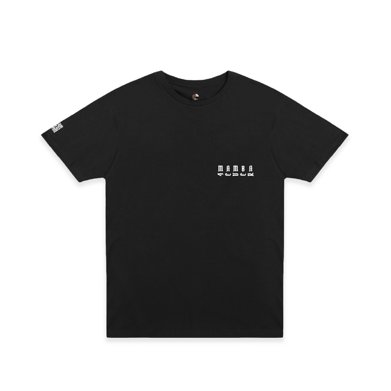 Front view of a unisex black t-shirt with white text that reads "mamba 4 ever"