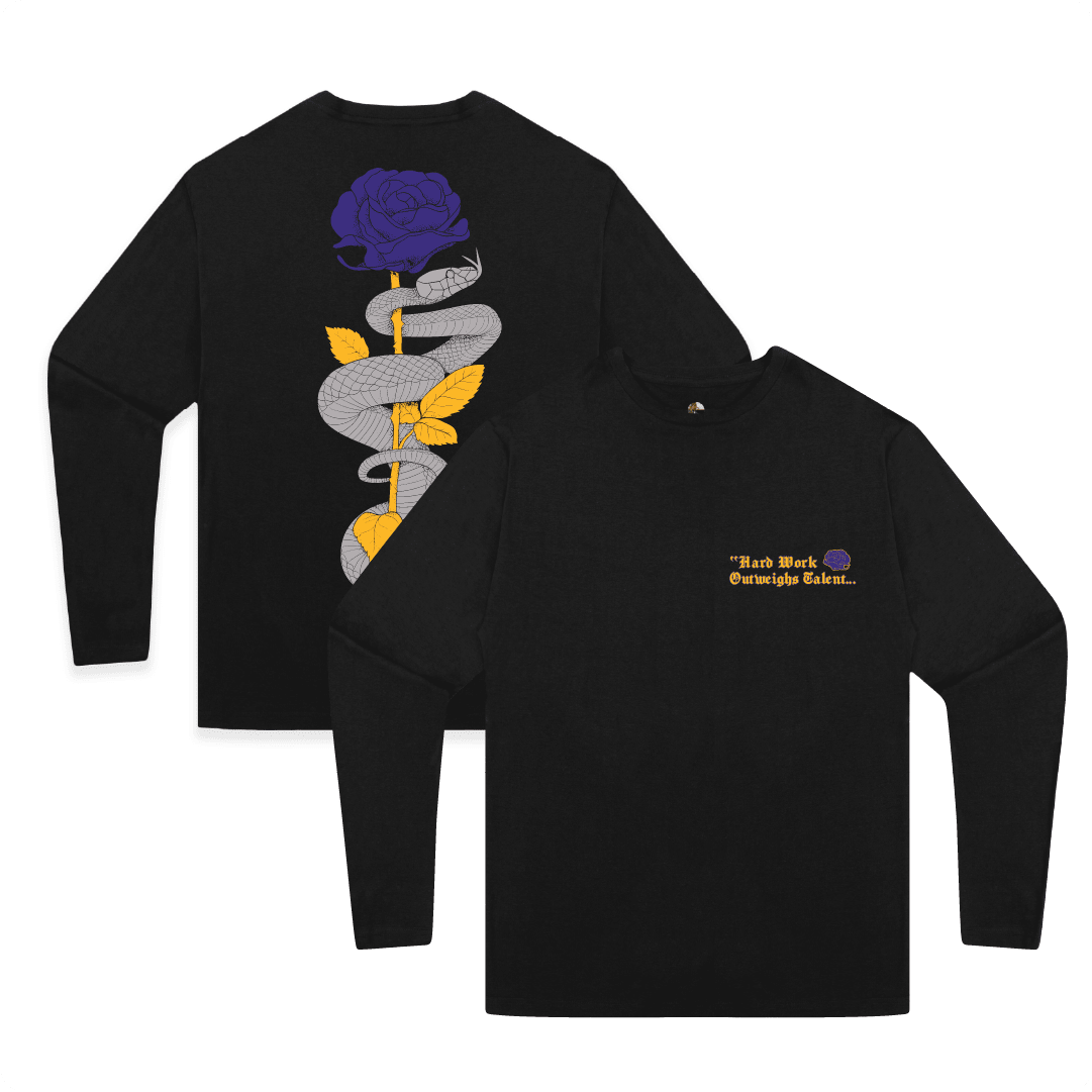 Front and rear view of a black unisex long sleeve shirt with a purple and gold rose  and grey mamba snake with Kobe Bryant quote on a white background.