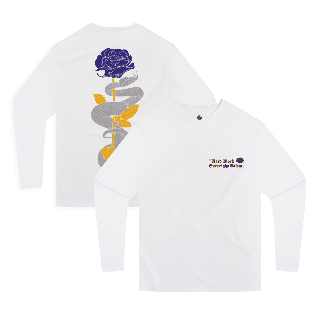 Front and rear view of a white unisex long sleeve shirt with a purple and gold rose  and grey mamba snake with Kobe Bryant quote on a white background.