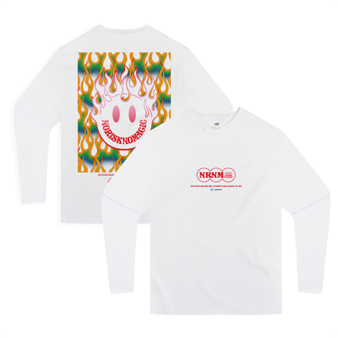 Front and back view of a white long-sleeve shirt with colorful smiley face and flames with 'No Risk No Magic' text.