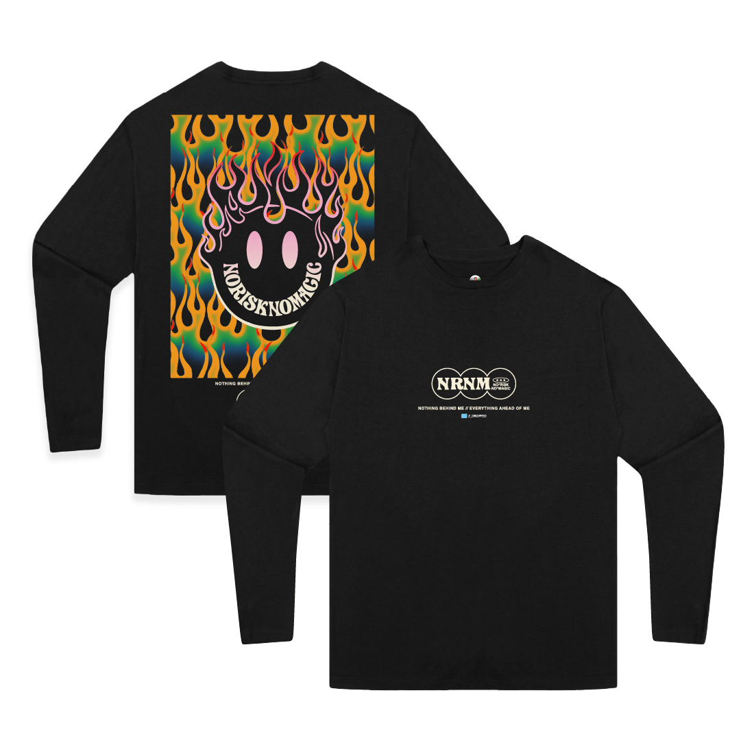 Front and back view of a black long-sleeve shirt with colorful smiley face and flames with 'No Risk No Magic' text.