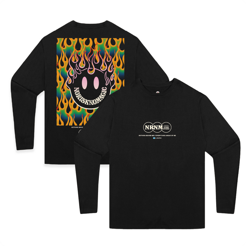 Front and back view of a black long-sleeve shirt with colorful smiley face and flames with 'No Risk No Magic' text.