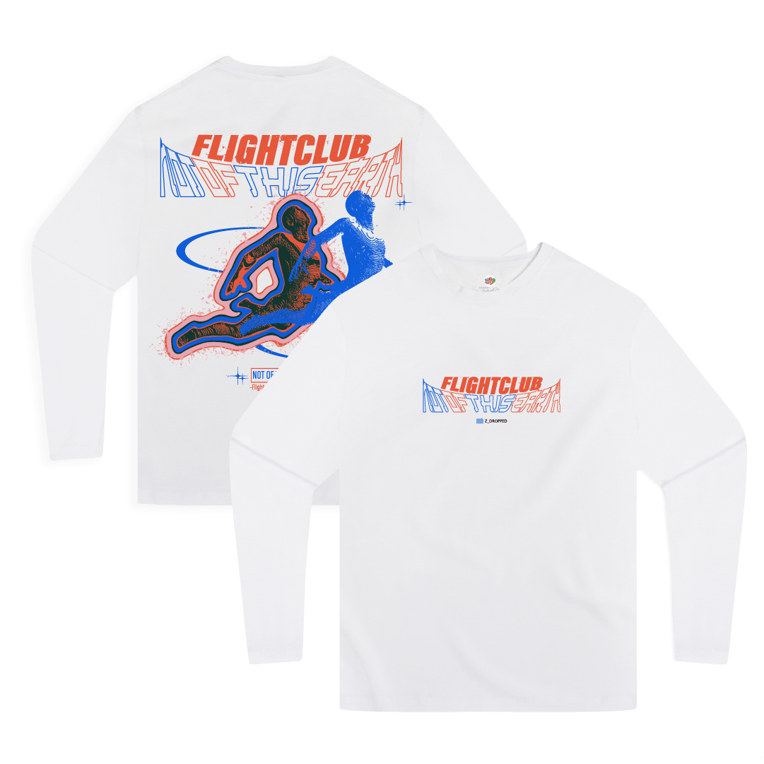 Front and back view of a white long-sleeve shirt with colorful outter body design and 'FLIGHTCLUB NOT OF THIS EARTH' text on a white background