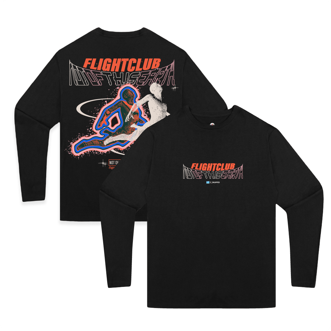 Front and back view of a black long-sleeve shirt with colorful outter body design and 'FLIGHTCLUB NOT OF THIS EARTH' text on a white background