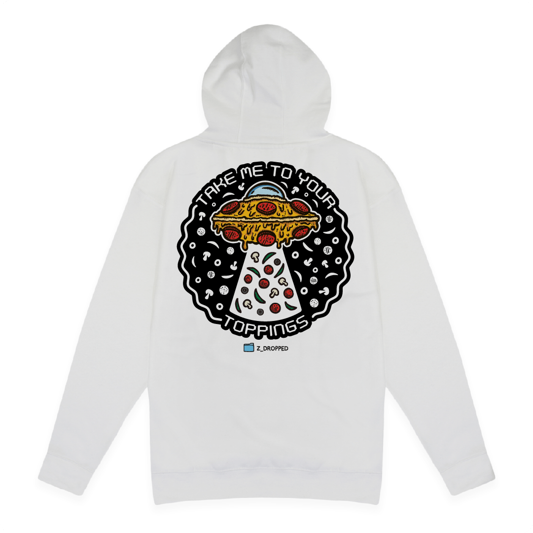 Rear view of a unisex hoodie with a “Take Me To Your Toppings” UFO pizza graphic featuring pepperoni, mushrooms, olives, and peppers on the front on a white background. 