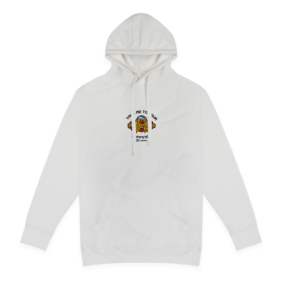 Front view of a unisex hoodie with a “Take Me To Your Toppings” UFO pizza graphic featuring pepperoni, mushrooms, olives, and peppers on the front on a white background. 