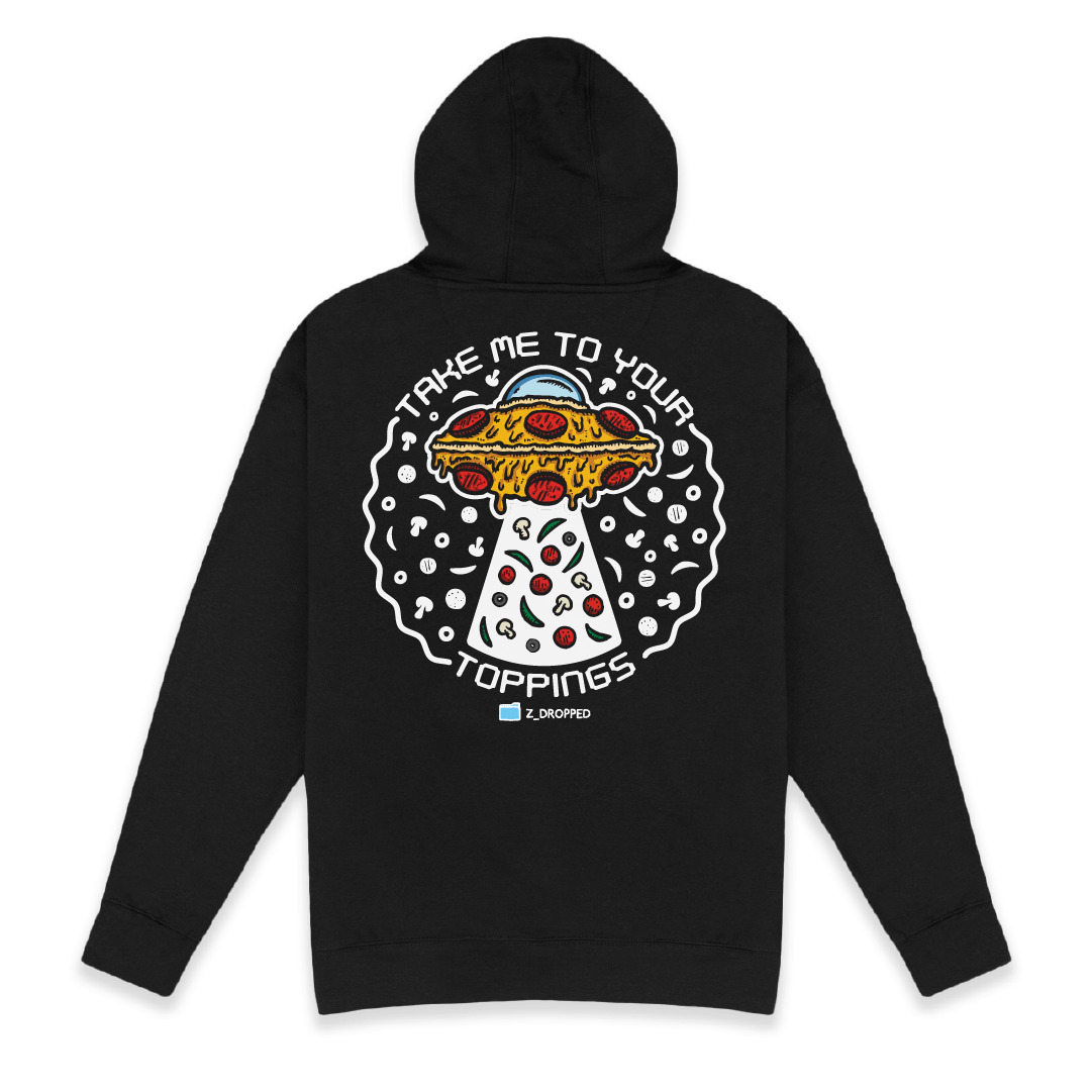 Rear view of a unisex hoodie with a “Take Me To Your Toppings” UFO pizza graphic featuring pepperoni, mushrooms, olives, and peppers on the front on a white background. 