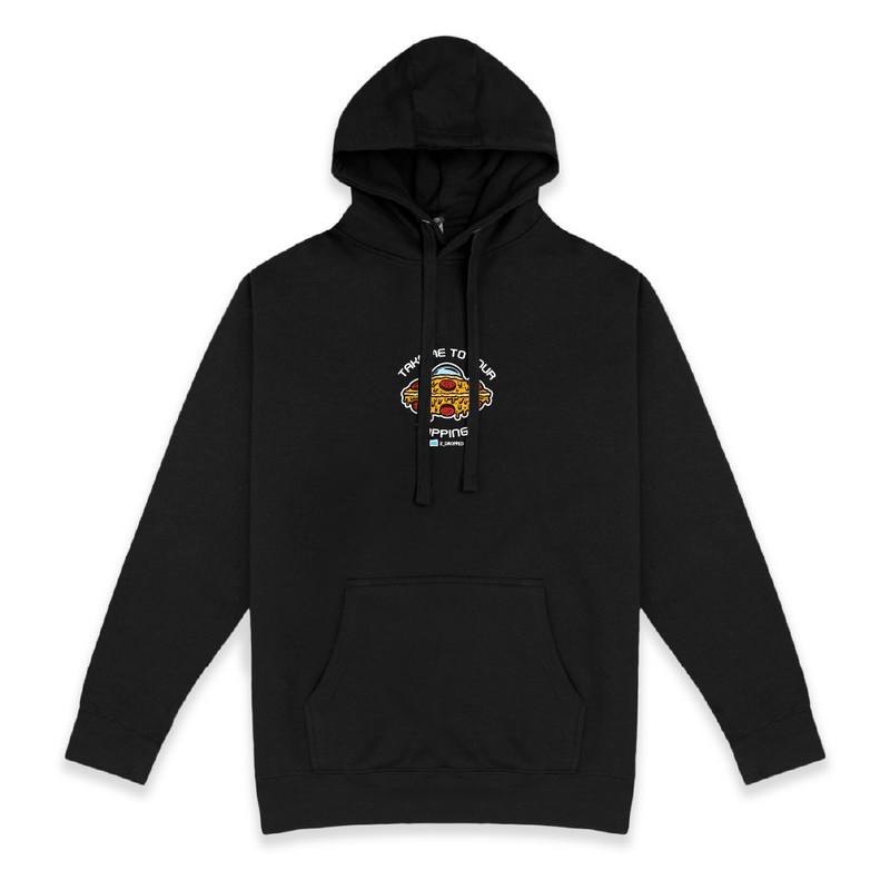 Front view of a unisex hoodie with a “Take Me To Your Toppings” UFO pizza graphic featuring pepperoni, mushrooms, olives, and peppers on the front on a white background. 
