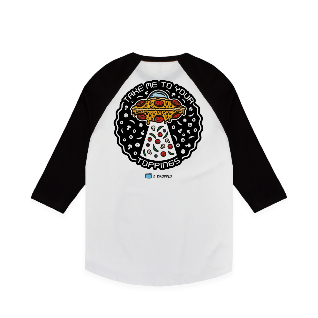 Rear view of a unisex raglan shirt with a UFO pizza abducting toppings graphic and the text “Take Me To Your Toppings” on the front on a white background.