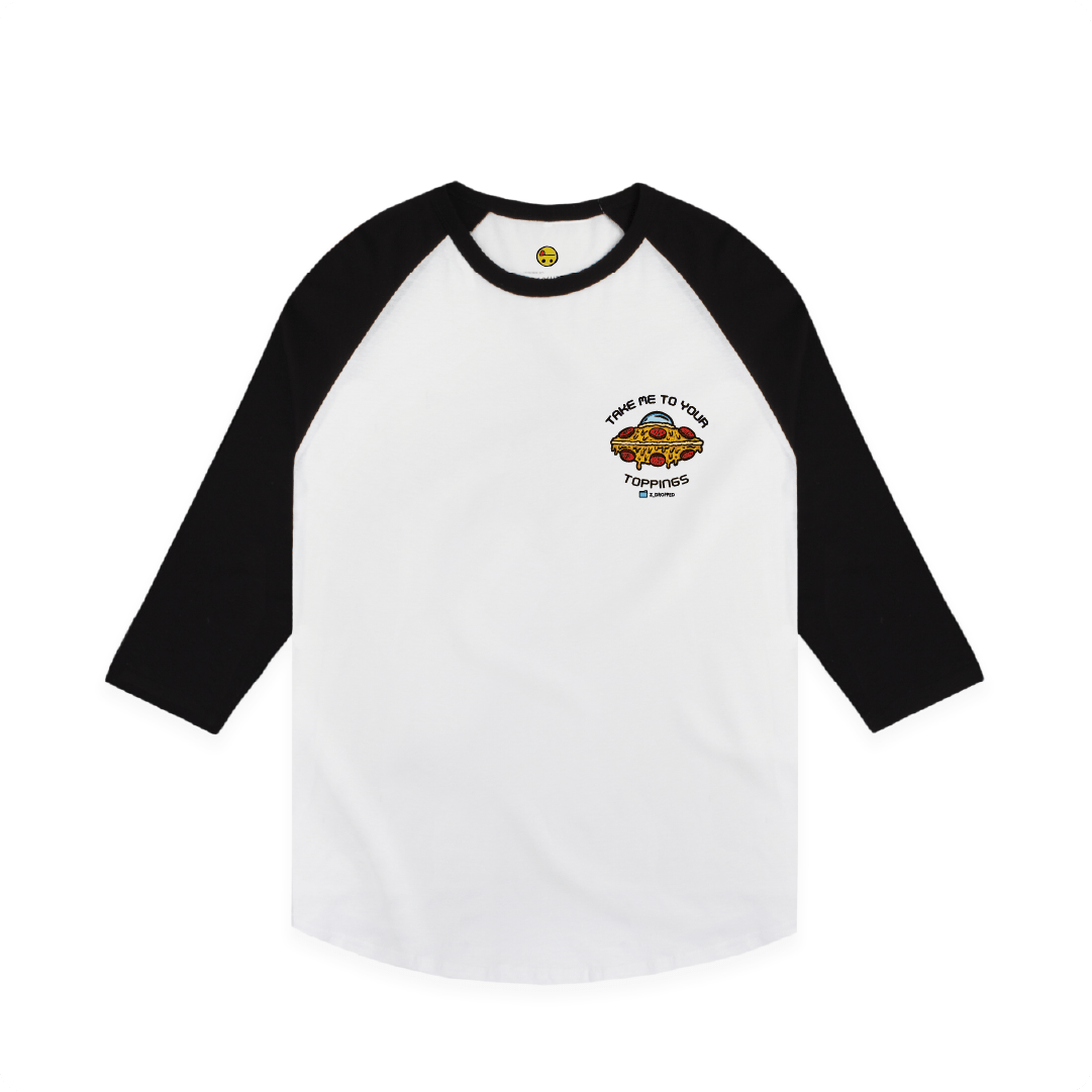 Front view of a unisex raglan shirt with a UFO pizza abducting toppings graphic and the text “Take Me To Your Toppings” on the front on a white background.