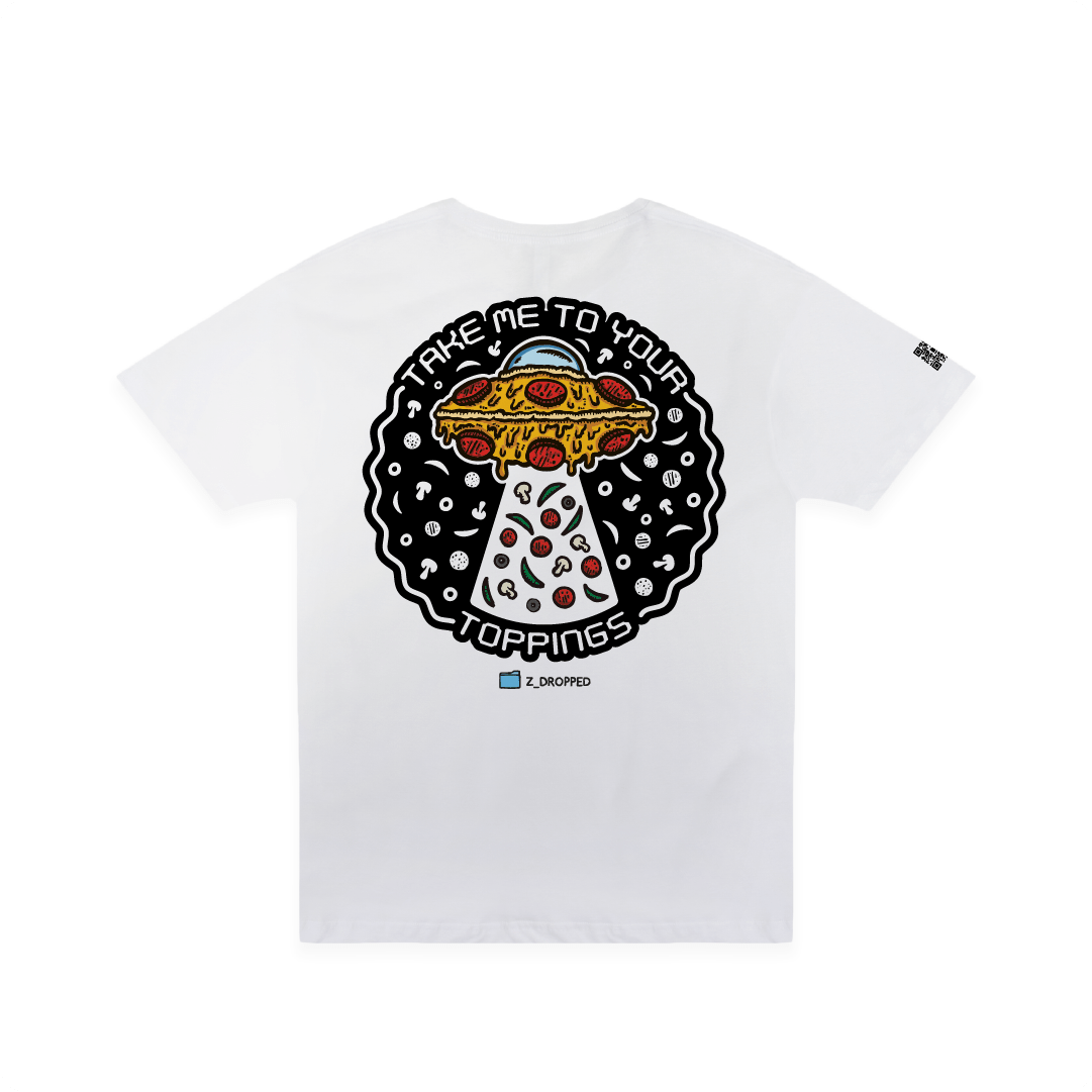 Large rear view of a unisex Tee with a pizzabduction UFO pizza abducting toppings graphic and the text “Take Me To Your Toppings” on the front on a white background.