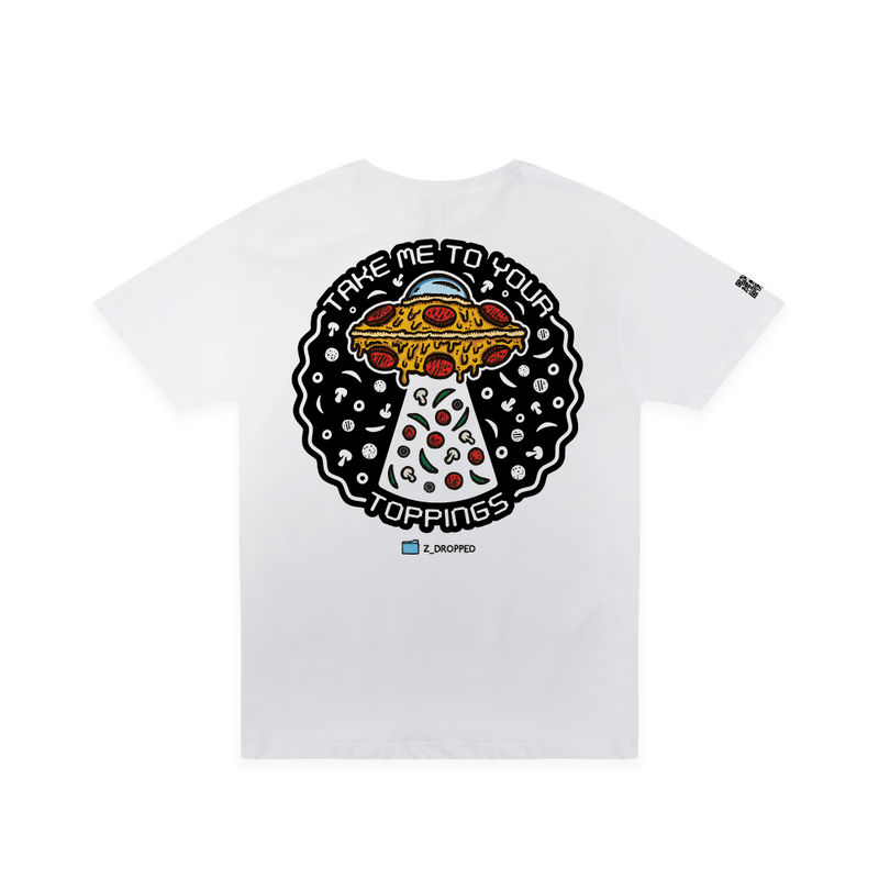 Large rear view of a unisex Tee with a pizzabduction UFO pizza abducting toppings graphic and the text “Take Me To Your Toppings” on the front on a white background.