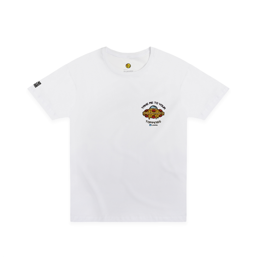 Front view of a unisex Tee with a pizzabduction UFO pizza abducting toppings graphic and the text “Take Me To Your Toppings” on the front on a white background.