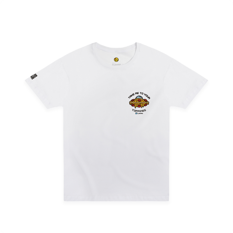 Front view of a unisex Tee with a pizzabduction UFO pizza abducting toppings graphic and the text “Take Me To Your Toppings” on the front on a white background.