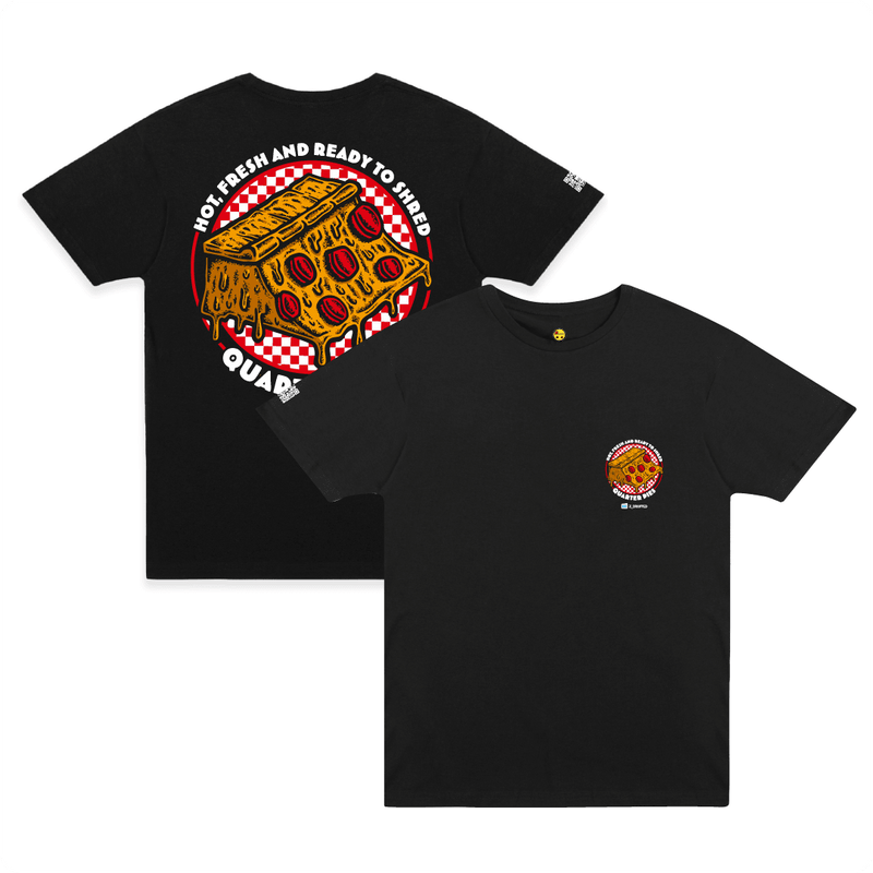 Front and bakc view of a black unisex tee shirt with a colorful illustrated pizza slice graphic and the text “Hot, Fresh and Ready to Shred – Quarter Pies” on a white background. 