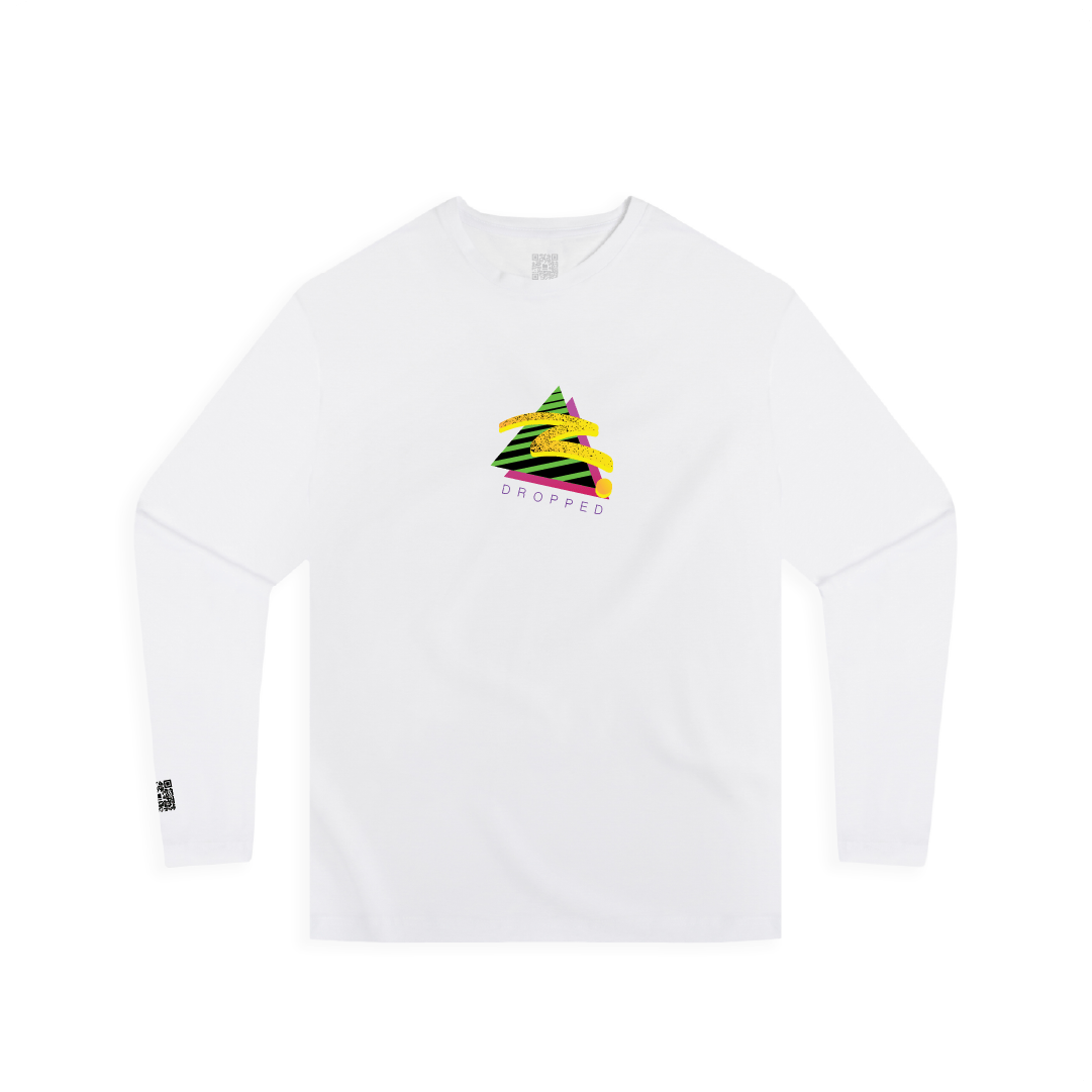 Front view of a unisex white long-sleeve shirt with colorful retro 70's inspired graphics on a white background