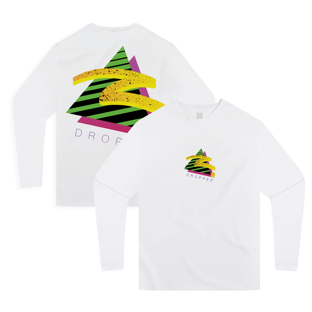 Front and rear view of a white long-sleeve shirt with colorful, retro, geometric design that says ' Z DROPPED'.