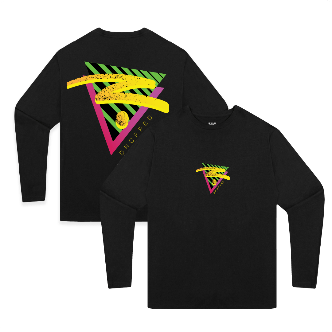 Front and rear view of a black long-sleeve shirt with colorful, retro, geometric design that says ' Z DROPPED'.