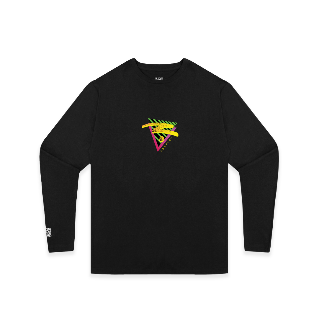 Front view of a unisex black long-sleeve shirt with colorful retro 70's inspired graphics on a white background