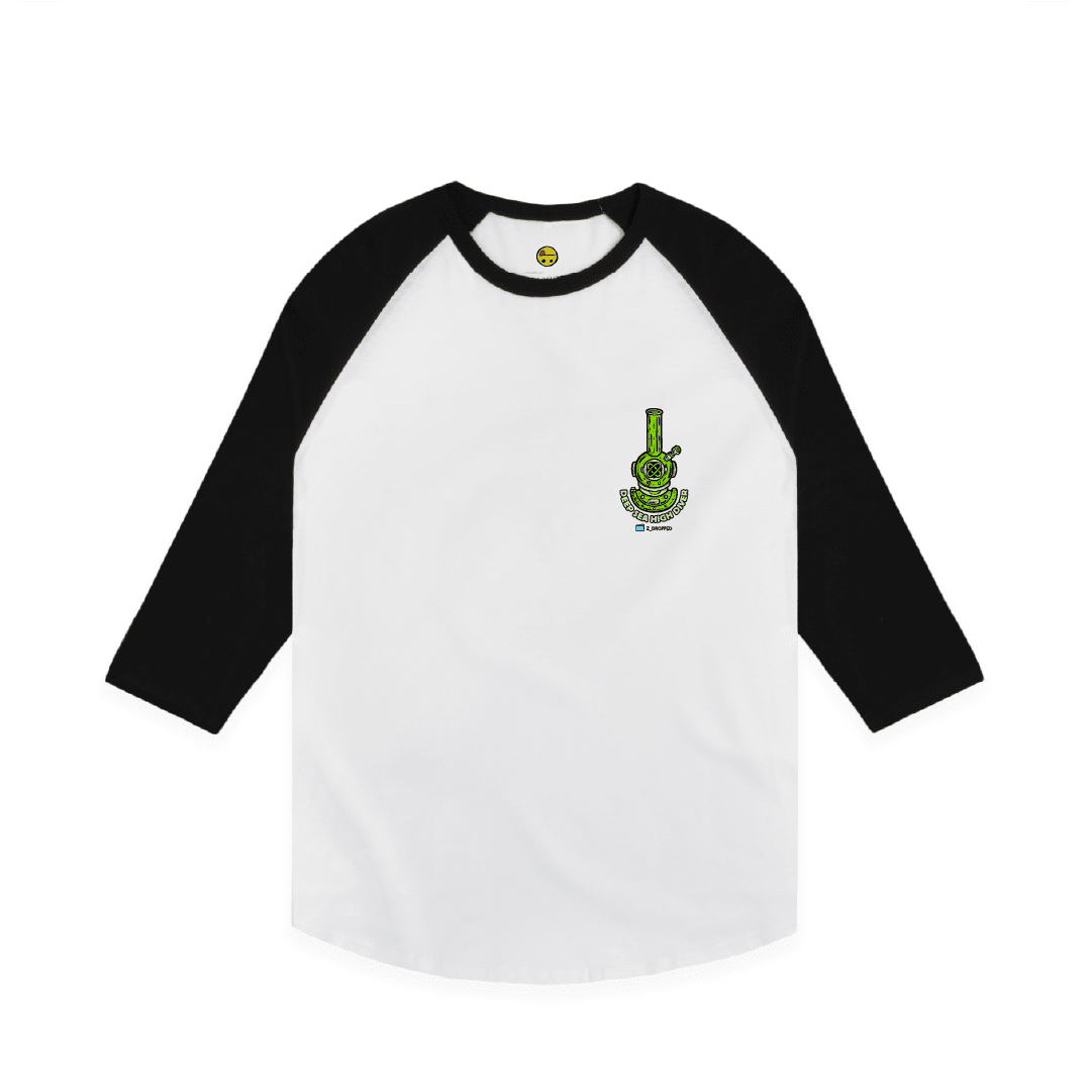 White Front view of a unisex raglan tee with a green deep-sea diving helmet graphic stylized as a bong, surrounded by purple bubbles and bold text reading “DEEP SEA HIGH DIVER” on the front, on a white background.