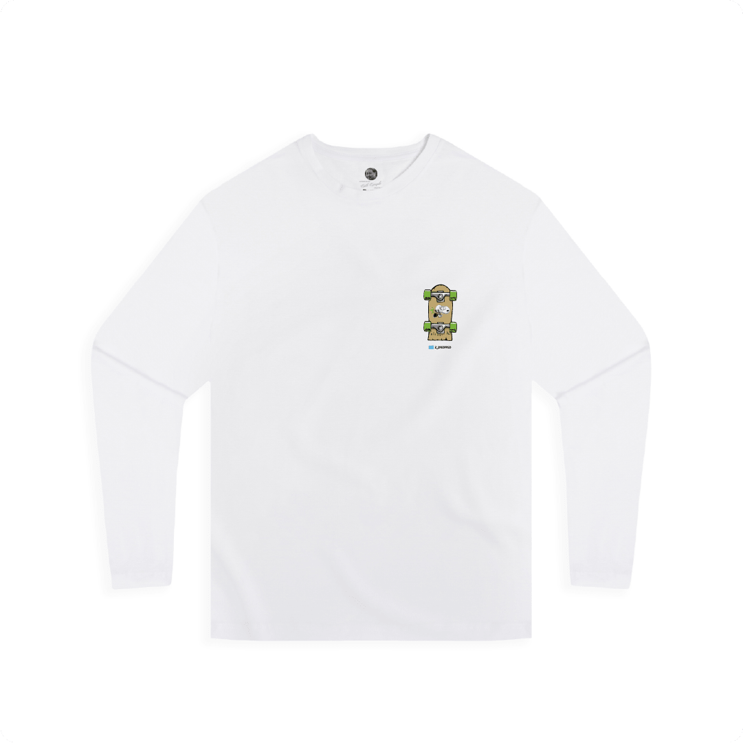 White long-sleeve shirt with a skateboard graphic on the chest on a white background