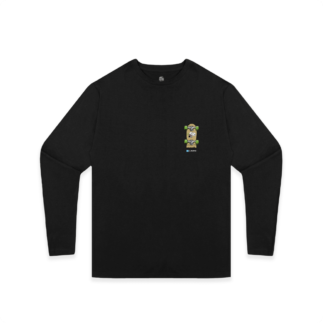 Black long-sleeve shirt with a skateboard graphic on the chest against a white background