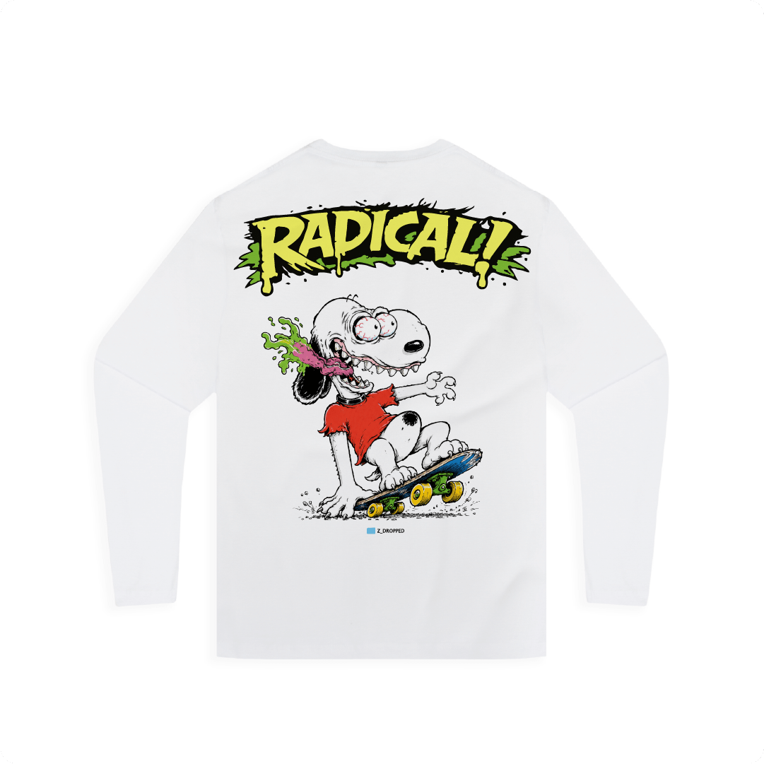 White long-sleeve shirt with a snoopy dog on a skateboard and 'RADICAL!' text.