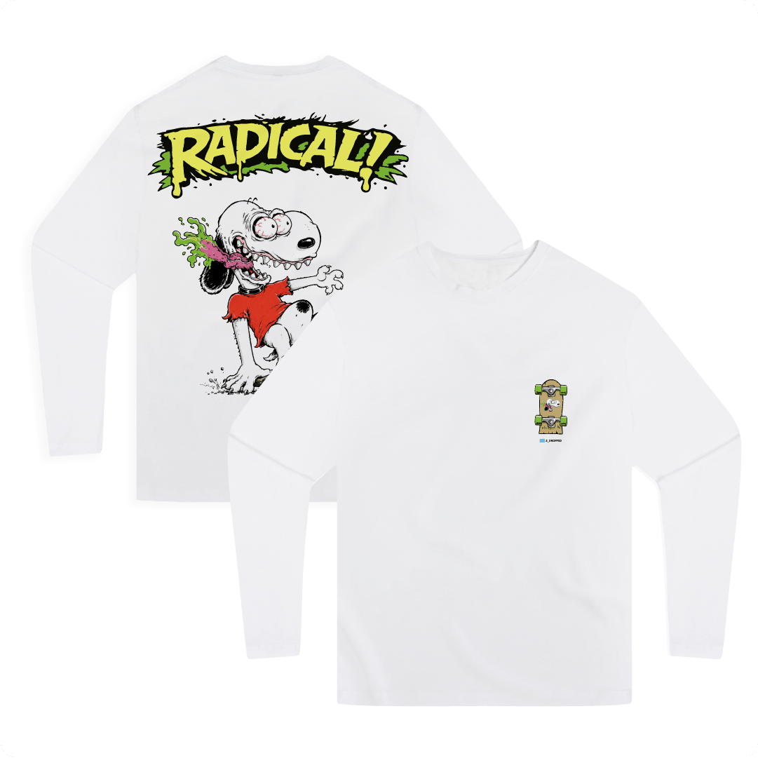 Front and back view of a white long-sleeve shirt with a snoopy cartoon character and 'Radical!' text on a white background