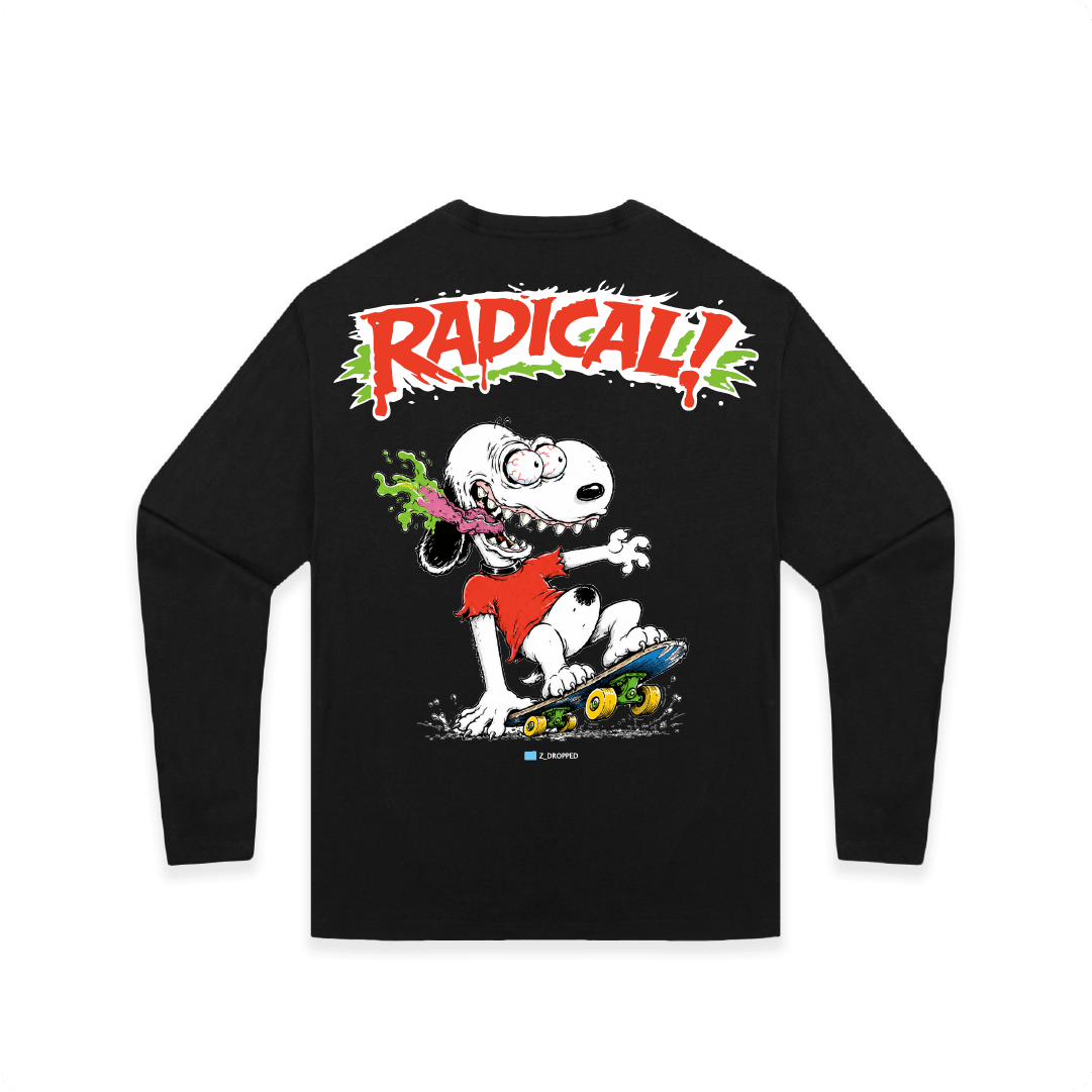 Black long-sleeve shirt with a snoopy dog character and 'RADICAL!' text on a white background