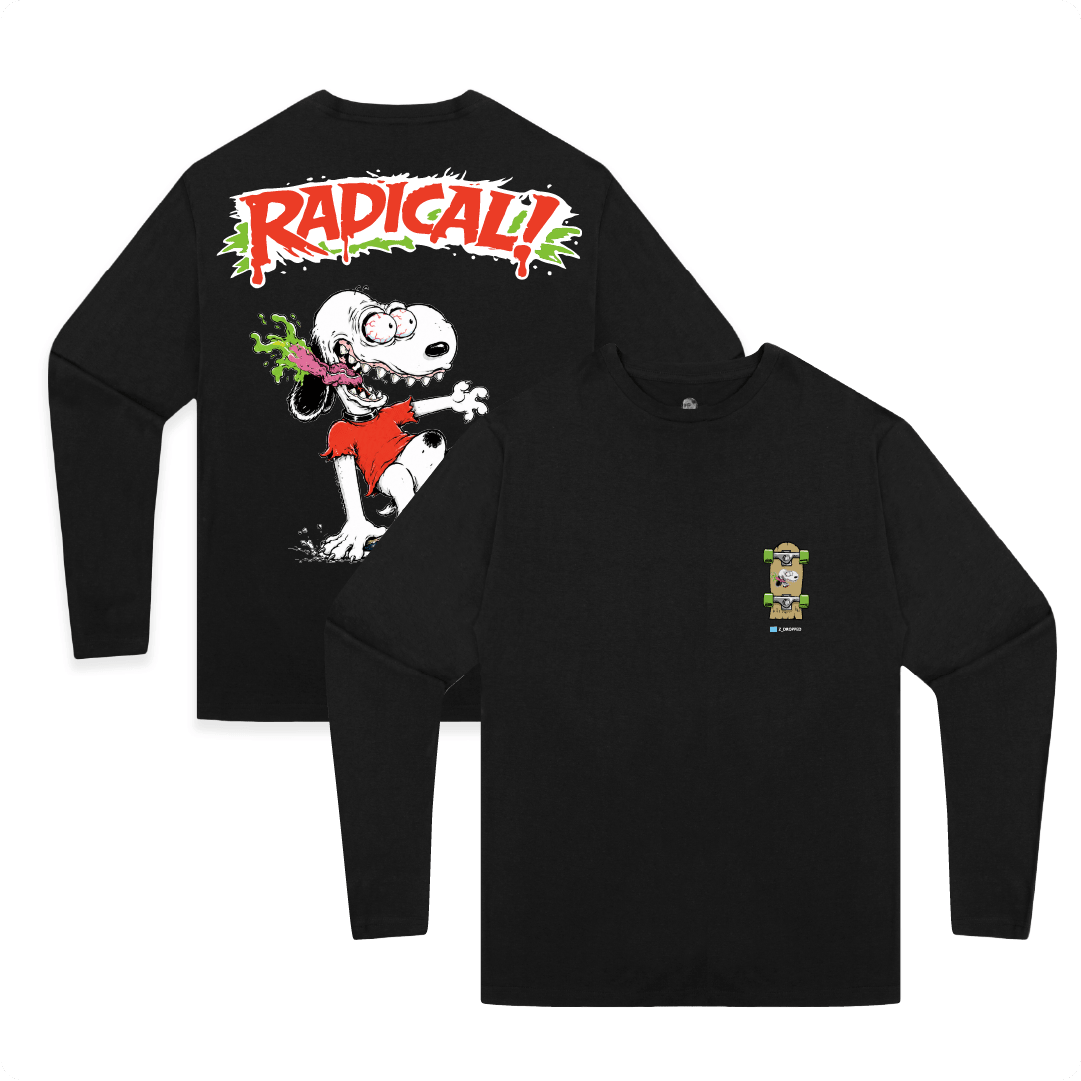 Front and back view of a black long-sleeve shirt with a snoopy cartoon character and 'Radical!' text on a white background