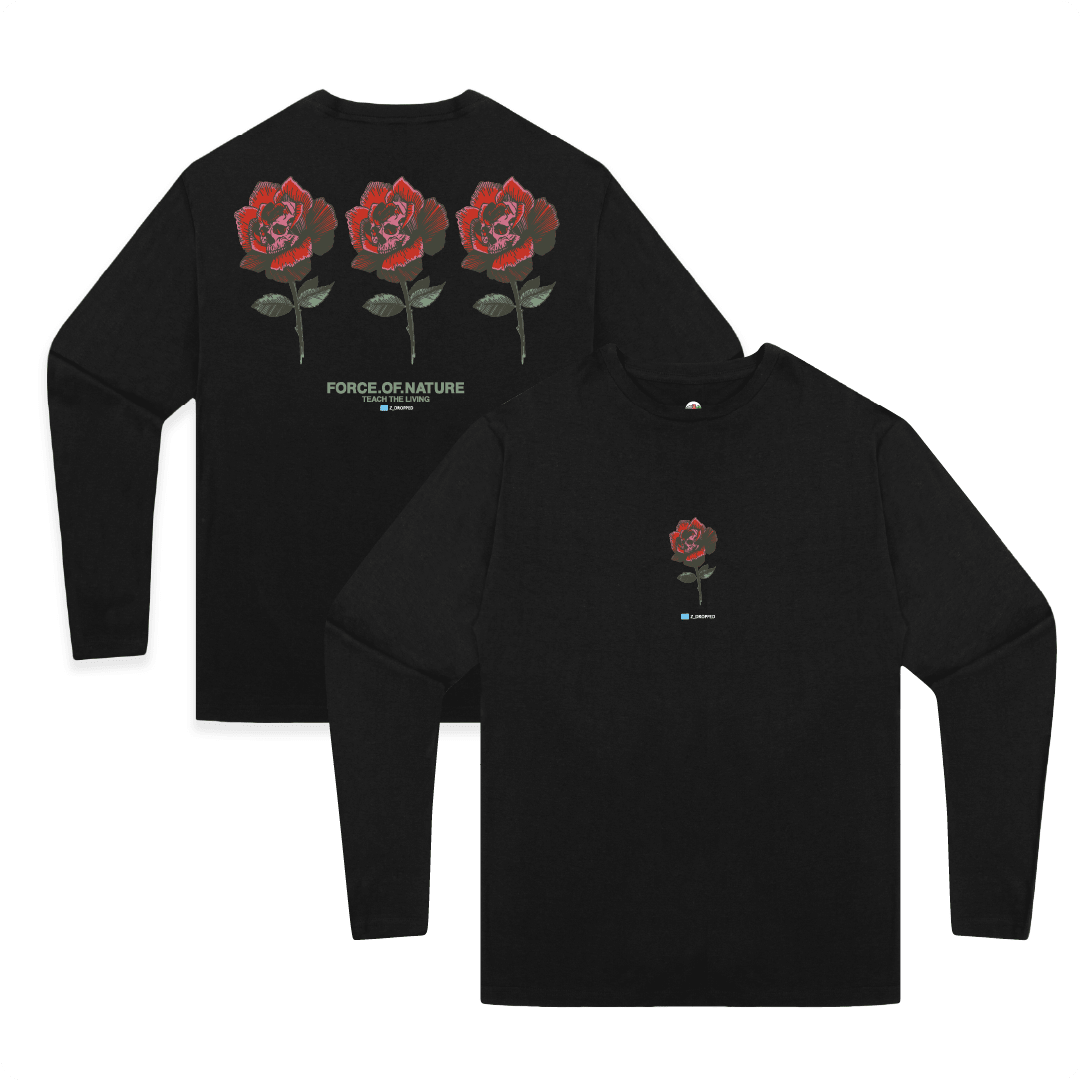 Front and back view of a black long-sleeve shirt with three red roses and 'Force of Nature' text and one red rose centered on the front.
