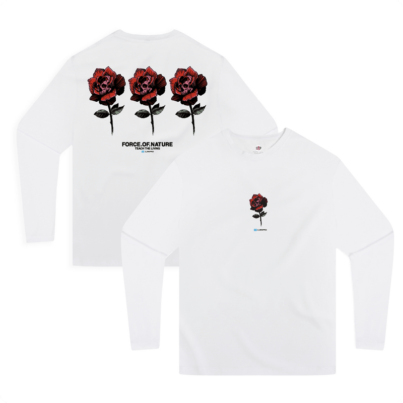 Front and back view of a white long-sleeve shirt with three red roses and 'Force of Nature' text and one red rose centered on the front.